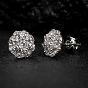 White Gold Cluster Flower 925 Sterling Silver Mens Cz Stud Screw Back Earrings